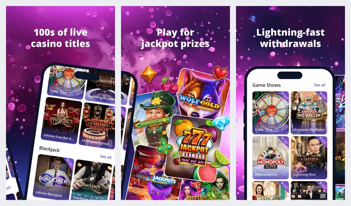 Casino Days app screenshots from its app store listing: live casino, jackpots and "lightning-fast withdrawals"