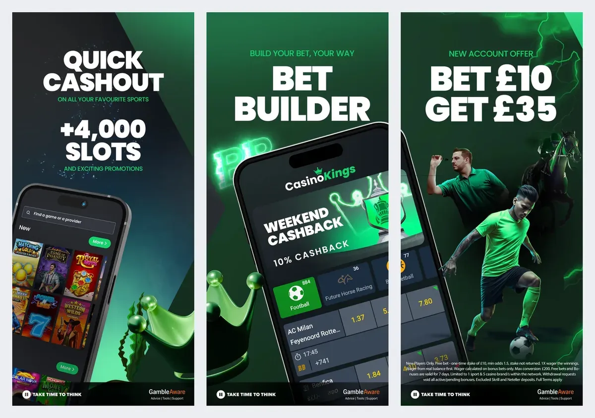 Casino Kings app screenshots from its app store listing: "quick cashout", slots and Bet Builder