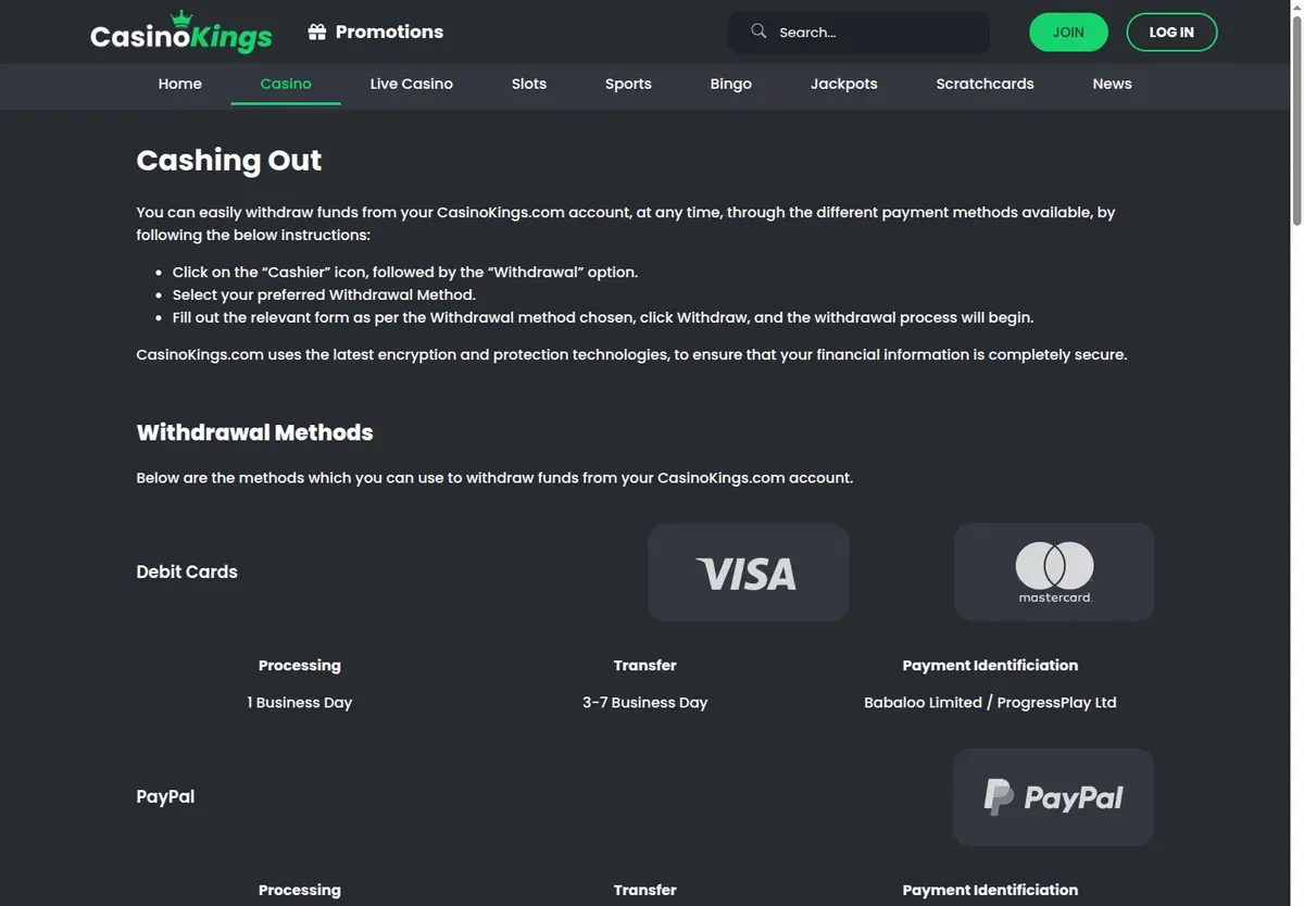 Casino Kings 'Cashing Out' page listing debit card and PayPal withdrawal processing and transfer times