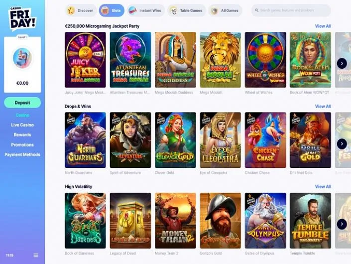 CasinoFriday games lobby screenshot: CasinoFriday slots lobby with Microgaming Jackpot Party Drops and Wins and High Volatility rows