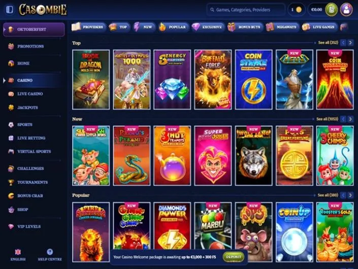 Casombie games lobby screenshot: Casombie casino lobby with Top New and Popular slot rows and a left sidebar menu