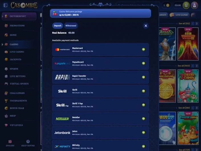 Casombie cashier screenshot: Casombie deposit window listing Mastercard Paysafecard Rapid Transfer Skrill Skrill 1-Tap Neteller Jeton and MiFinity with a 20 EUR minimum and 0% fee