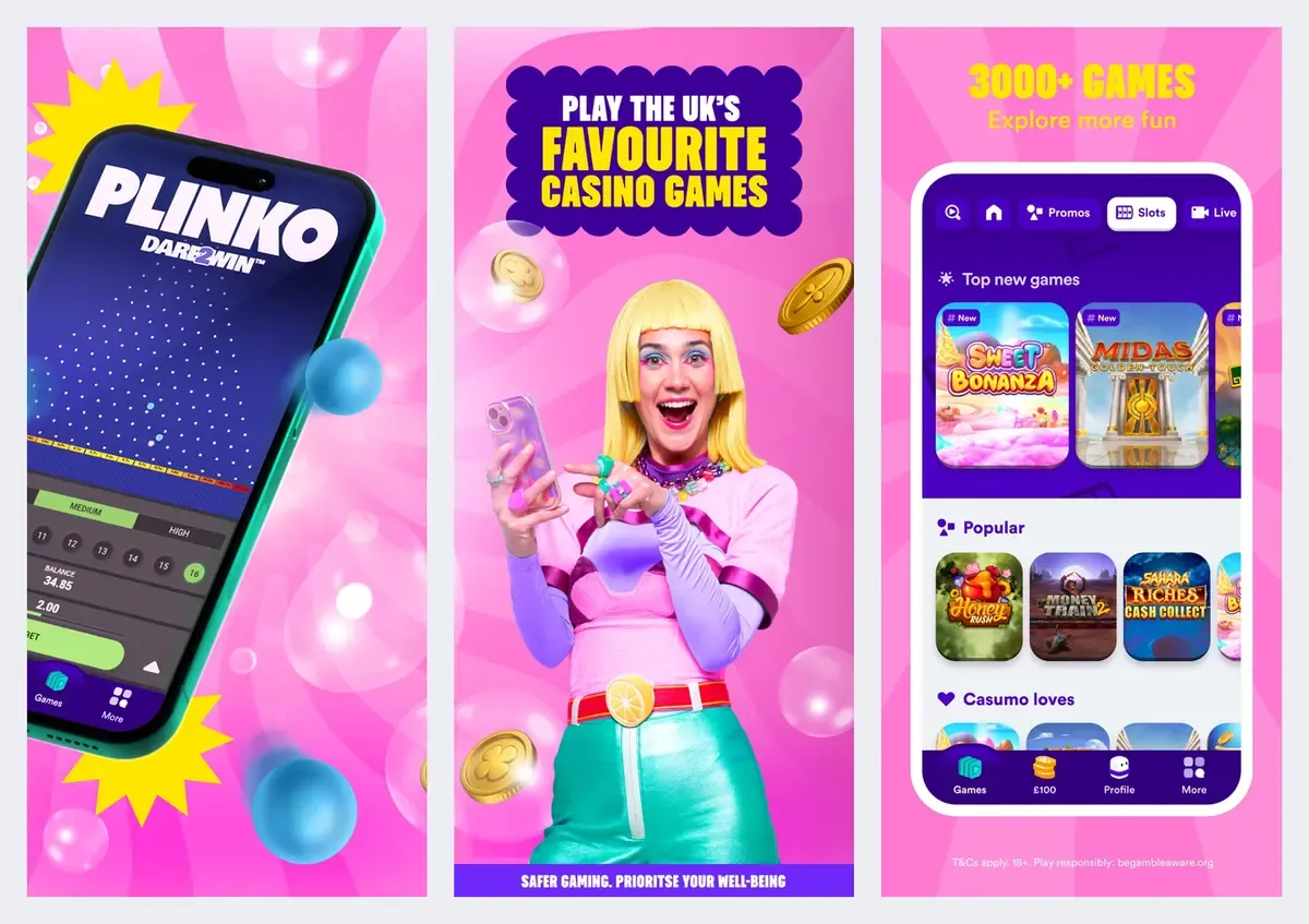 Casumo app screenshots from its app store listing: Plinko and slots