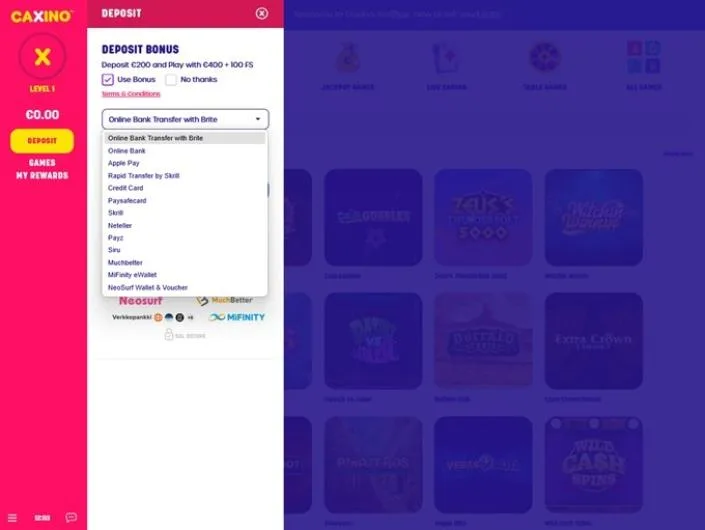 Caxino cashier screenshot: Online Bank Apple Pay Rapid Transfer, card Paysafecard Skrill Neteller Payz Siru MuchBetter MiFinity and NeoSurf