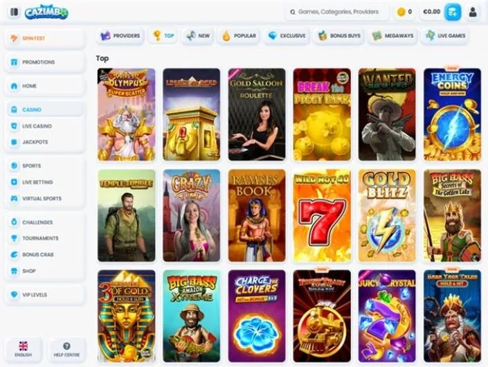 Cazimbo games lobby screenshot: Cazimbo casino lobby with a Top row of games such as Gates of Olympus and Gold Saloon Roulette