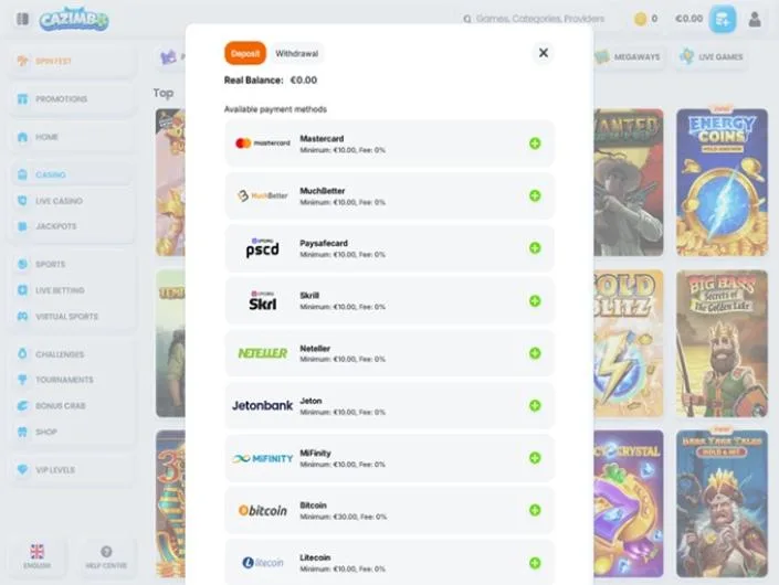 Cazimbo cashier screenshot: Cazimbo deposit window listing Mastercard MuchBetter Paysafecard Skrill Neteller Jeton MiFinity Bitcoin and Litecoin with minimums and 0% fee