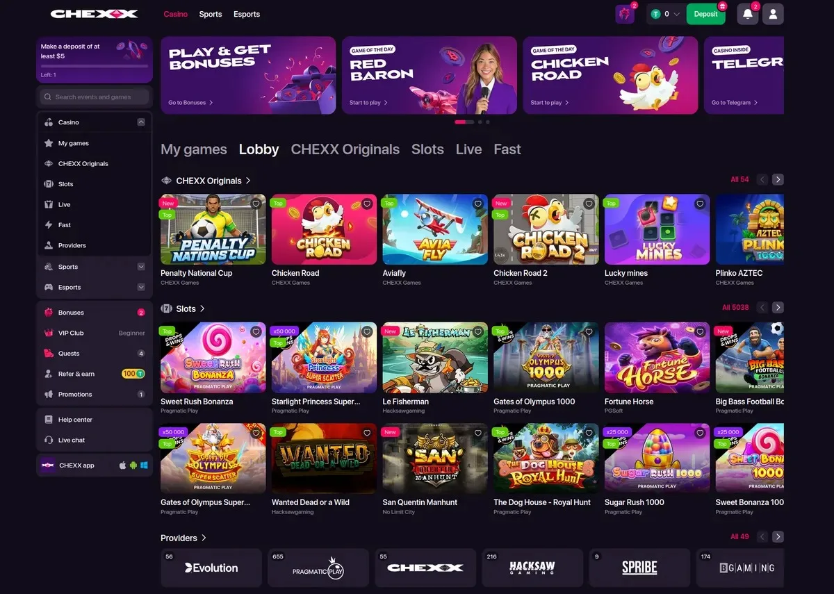 Chexx games lobby screenshot: CHEXX casino lobby with CHEXX Originals (Penalty Nations Cup Chicken Road Aviafly), a Slots row and provider tiles