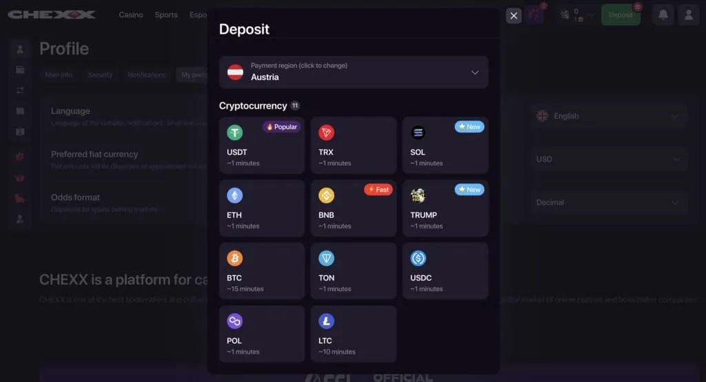 Chexx cashier screenshot: CHEXX deposit window listing 11 cryptocurrencies (USDT TRX SOL ETH BNB TRUMP BTC TON USDC POL LTC) with expected times of about 1 minute, about 10 minutes for LTC and about 15 minutes for BTC
