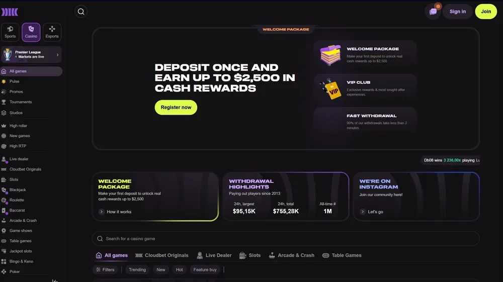 Cloudbet casino lobby with withdrawal highlights: paying out players since 2013, with 24-hour largest and total payouts