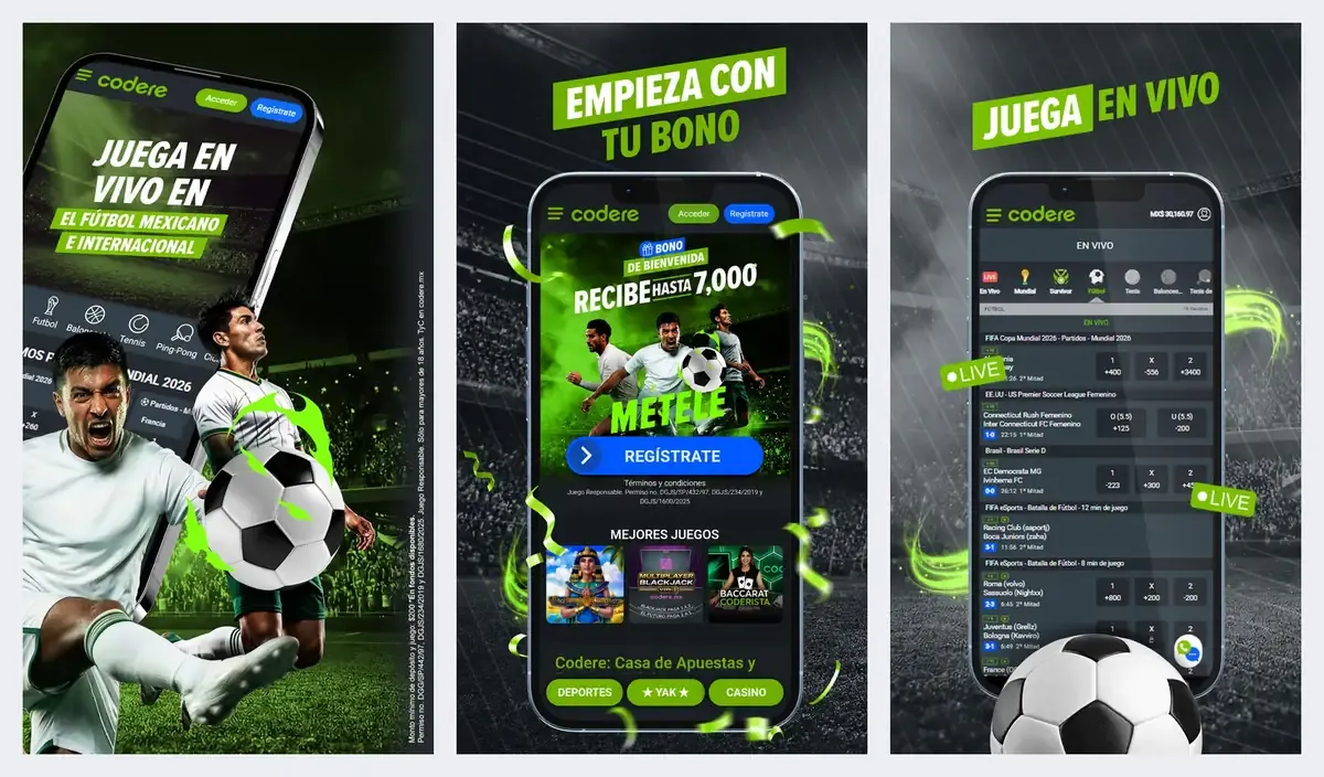Codere app screenshots from its app store listing: live football betting and casino