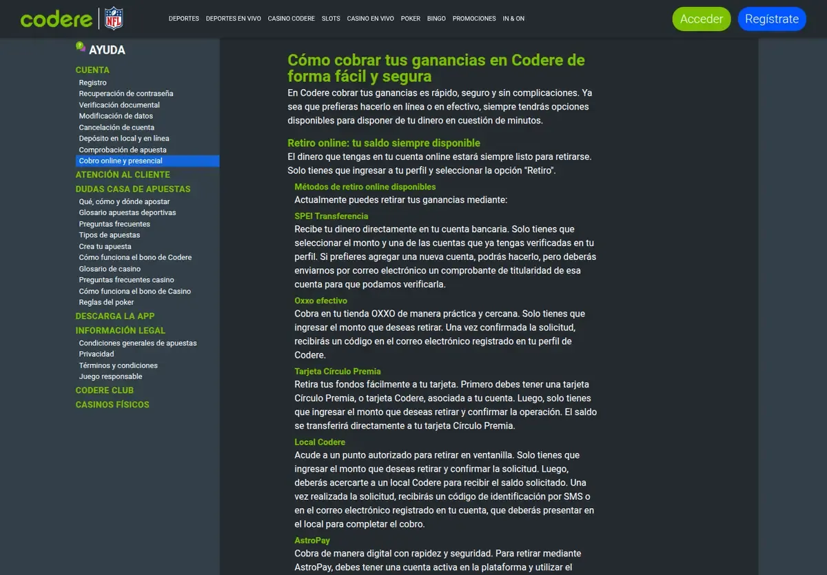 Codere help page 'Cómo cobrar tus ganancias en Codere' listing SPEI, OXXO, Circulo Premia card, Codere venues and AstroPay