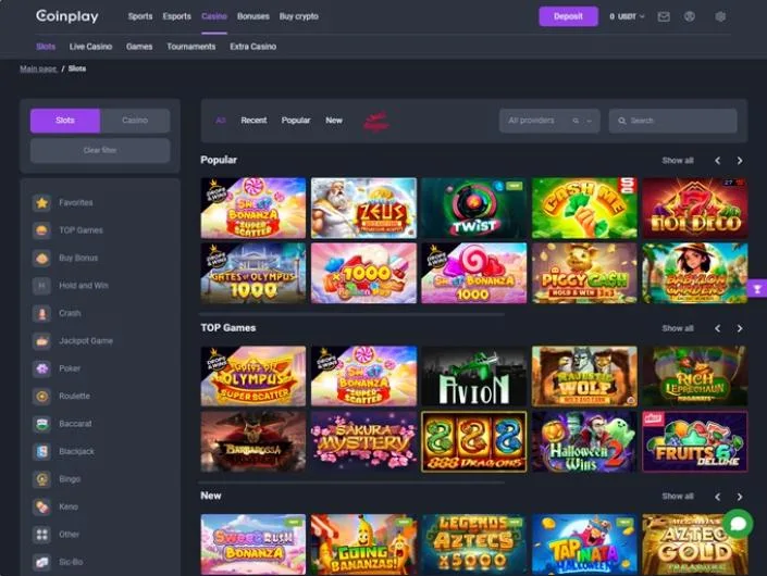 CoinPlay games lobby screenshot: Coinplay slots lobby with Popular TOP Games and New rows and a game category sidebar