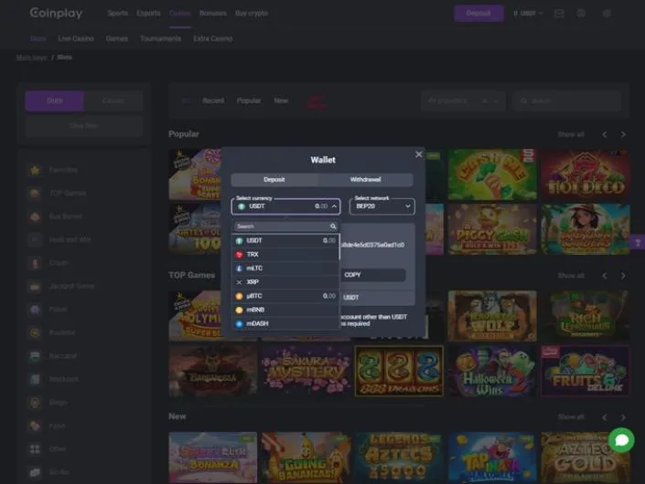 CoinPlay cashier screenshot: Coinplay wallet on the Deposit tab with a USDT BEP20 address and a coin list showing USDT TRX, mLTC XRP, uBTC, mBNB and mDASH