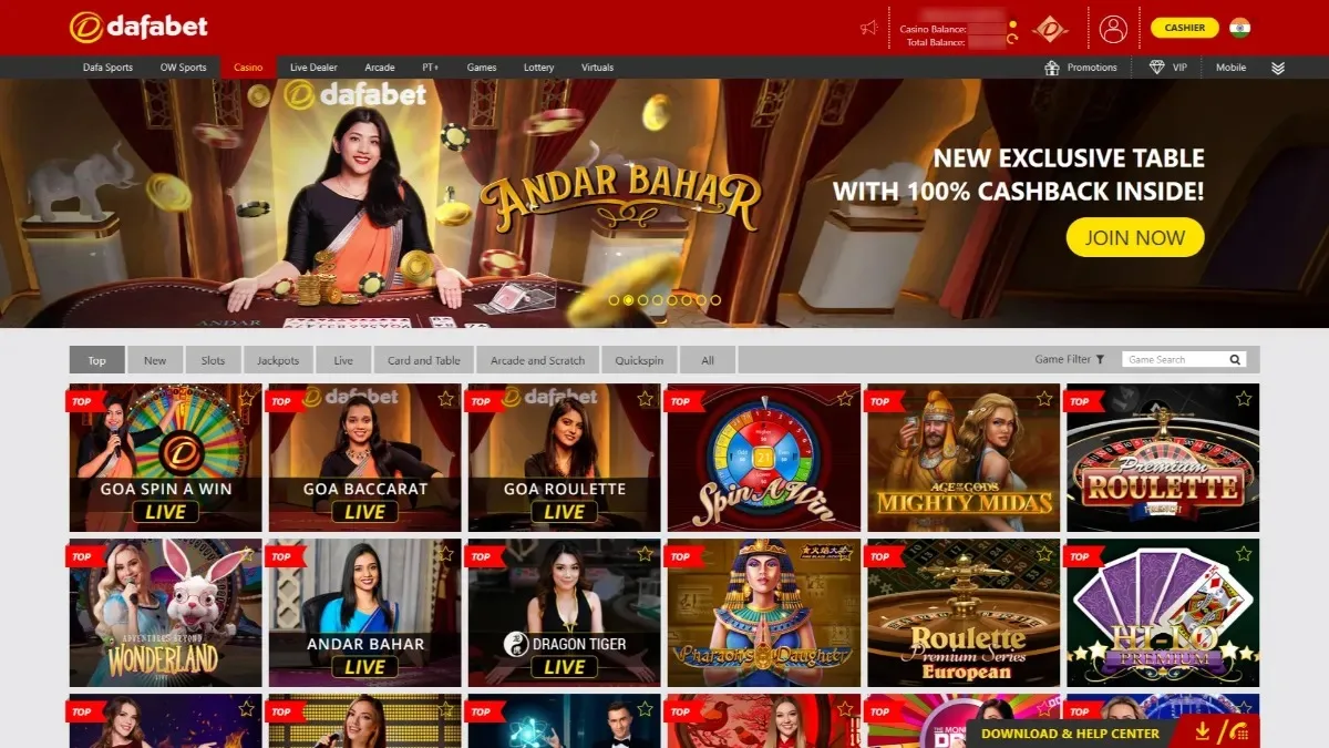Dafabet games lobby screenshot: Dafabet casino lobby (logged in, cashier button in the header) with an Andar Bahar banner and Top games such as Goa Baccarat Live Goa Roulette Live and Mighty Midas