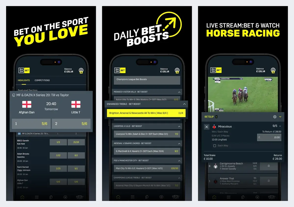 DAZN Bet app screenshots from its app store listing: sports, bet boosts and horse racing