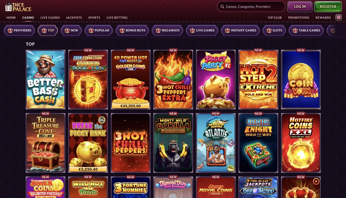 Dice Palace games lobby screenshot: Dice Palace casino lobby with category tabs (Top New Popular Megaways Live Games) and a Top row of slots such as Better Bass Cash and Hot Step 2 Extreme