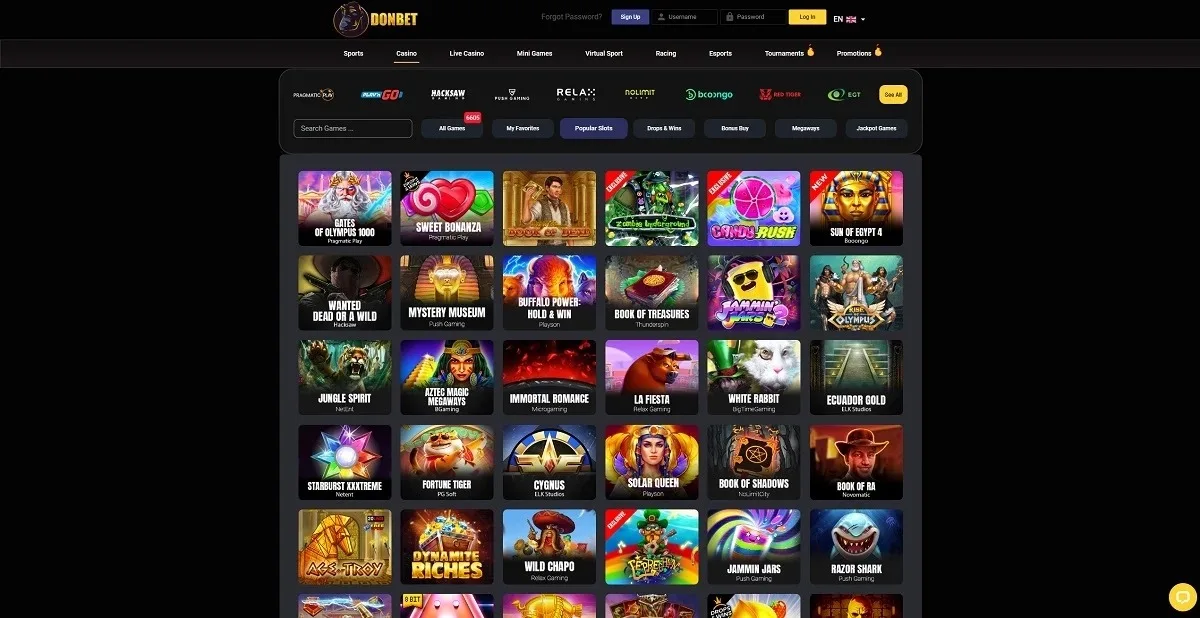 Donbet games lobby screenshot: Donbet casino lobby with provider row, category tabs and a grid of slots such as Gates of Olympus 1000 and Sweet Bonanza