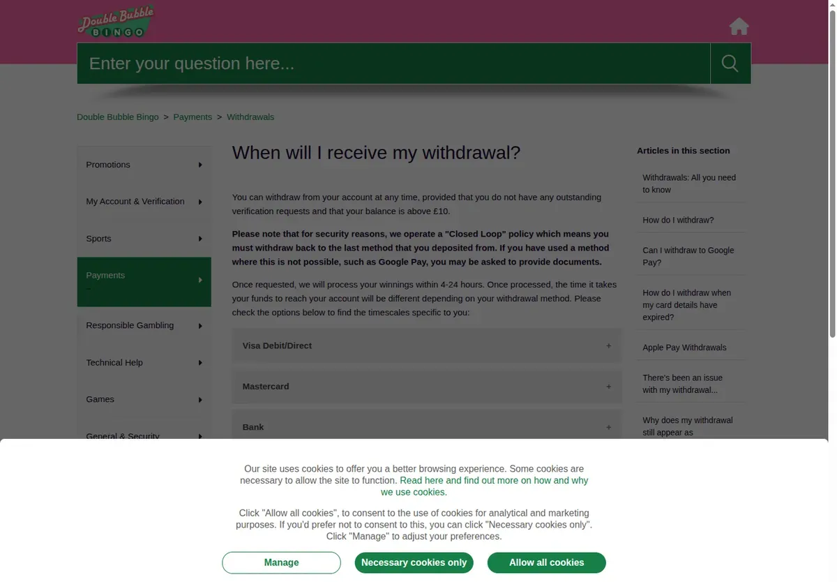 Double Bubble Bingo help article 'When will I receive my withdrawal?' explaining the closed loop policy