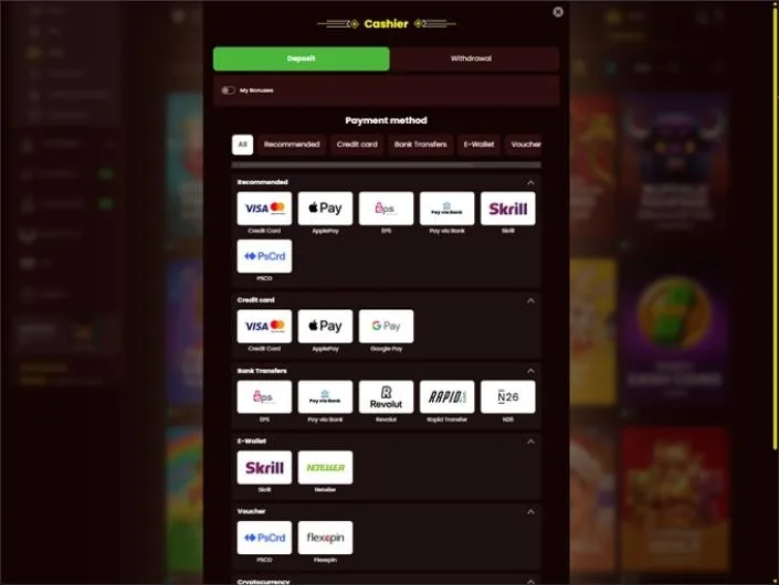 DragonSlots cashier screenshot: DragonSlots cashier on the Deposit tab listing Visa and Mastercard Apple Pay Google Pay EPS Pay via Bank Revolut Rapid N26 Skrill Neteller Paysafecard and Flexepin