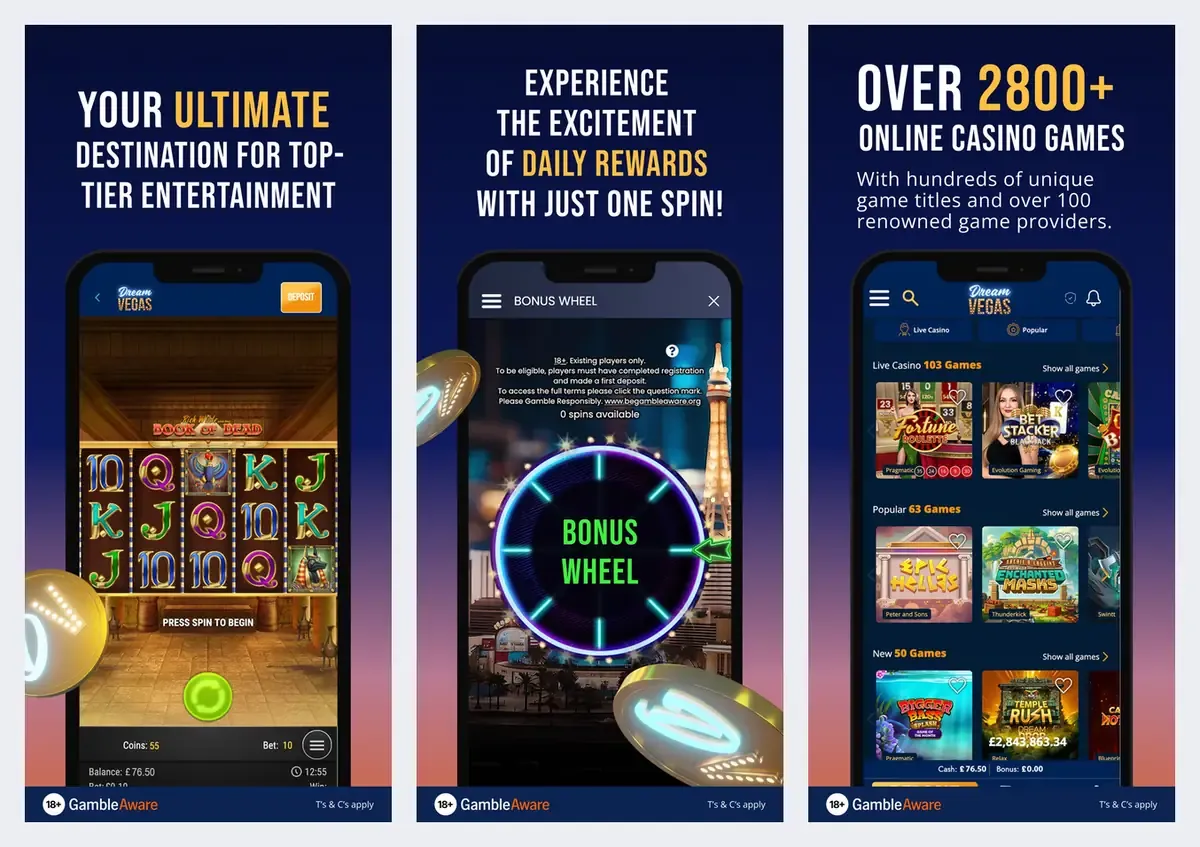 Dream Vegas app screenshots from its app store listing: slots, bonus wheel and 2,800+ games