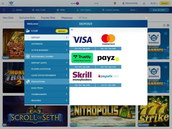 DrückGlück cashier screenshot: DrueckGlueck deposit menu listing Visa Mastercard Trustly Payz Skrill and paysafecard with 10 EUR minimums and fees per method