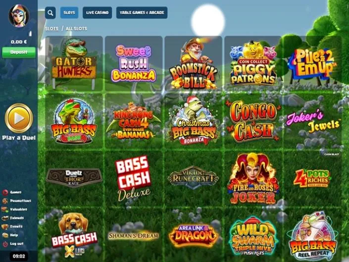 Duelz games lobby screenshot: Duelz slots lobby with game tiles such as Gator Hunters and Sweet Rush Bonanza and the 'Play a Duel' button