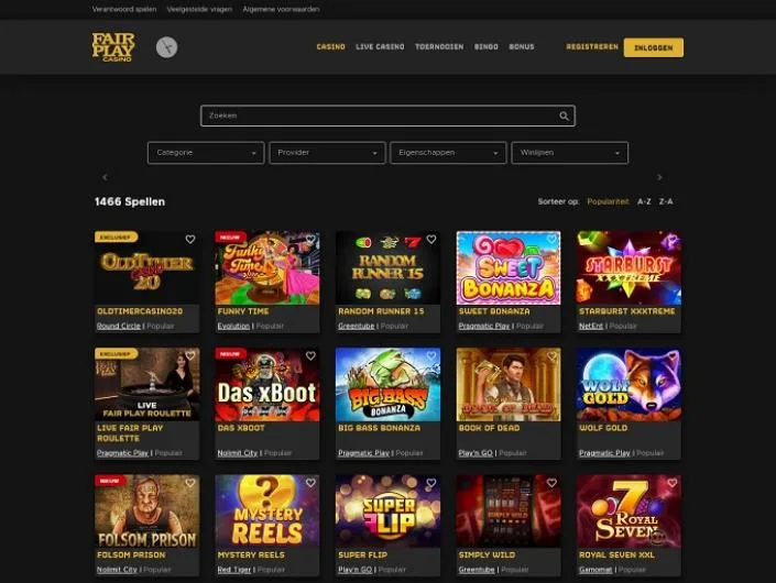 Fair Play Casino games lobby screenshot: Fair Play Casino lobby in Dutch showing 1,466 games with filters and tiles such as Sweet Bonanza and Starburst XXXtreme