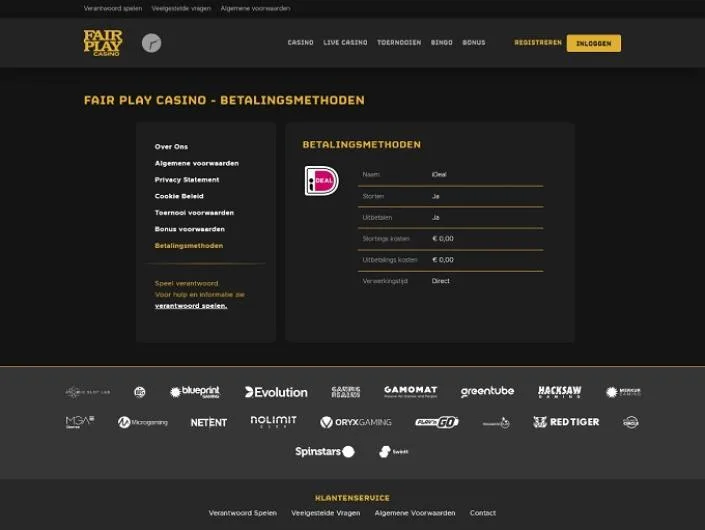 Fair Play Casino cashier screenshot: Fair Play Casino 'Betalingsmethoden' page in Dutch showing iDEAL for deposits and withdrawals with 0.00 EUR costs and direct processing