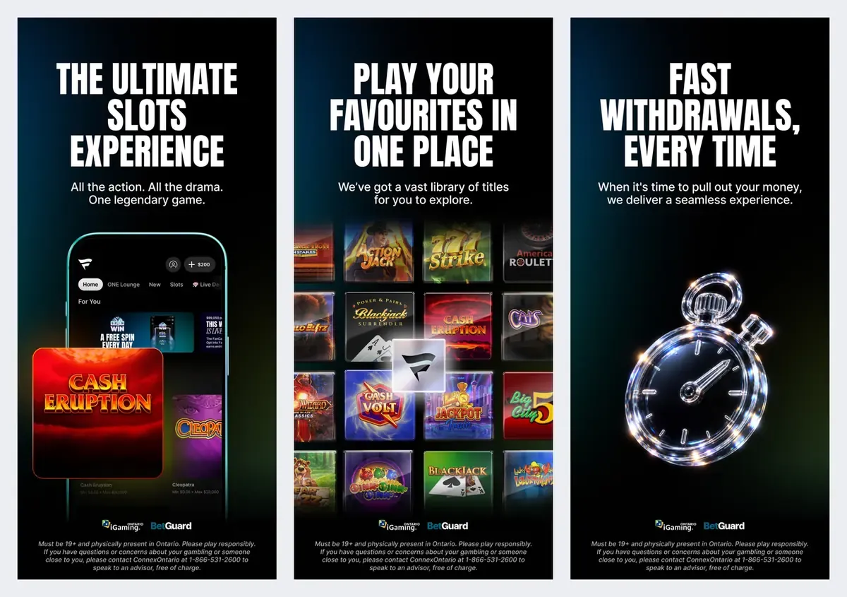 Fanatics Casino app screenshots from its app store listing: slots and "fast withdrawals, every time"