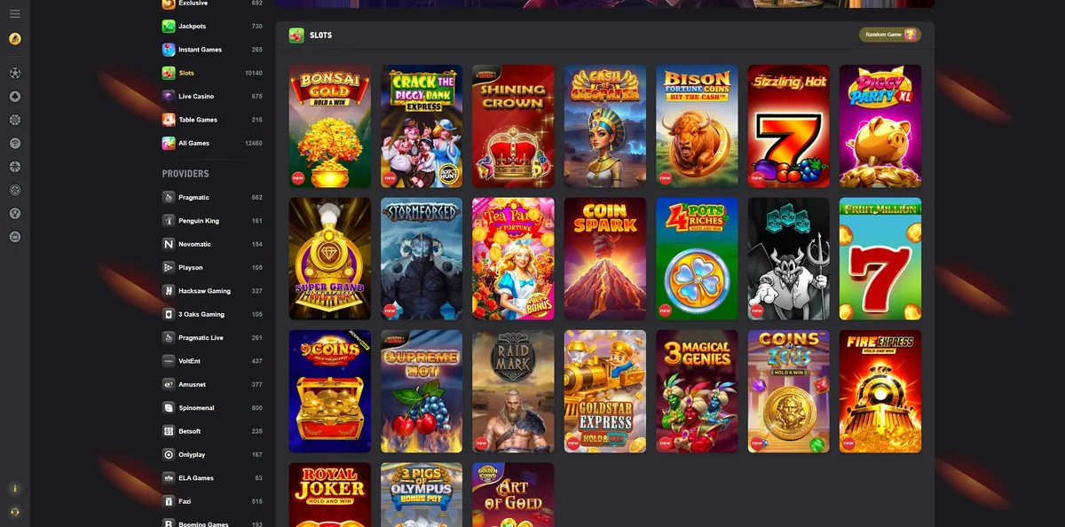 FEZbet games lobby screenshot: FEZbet slots lobby with a provider list on the left and slot tiles such as Bonsai Gold Crack the Piggy Bank and Shining Crown
