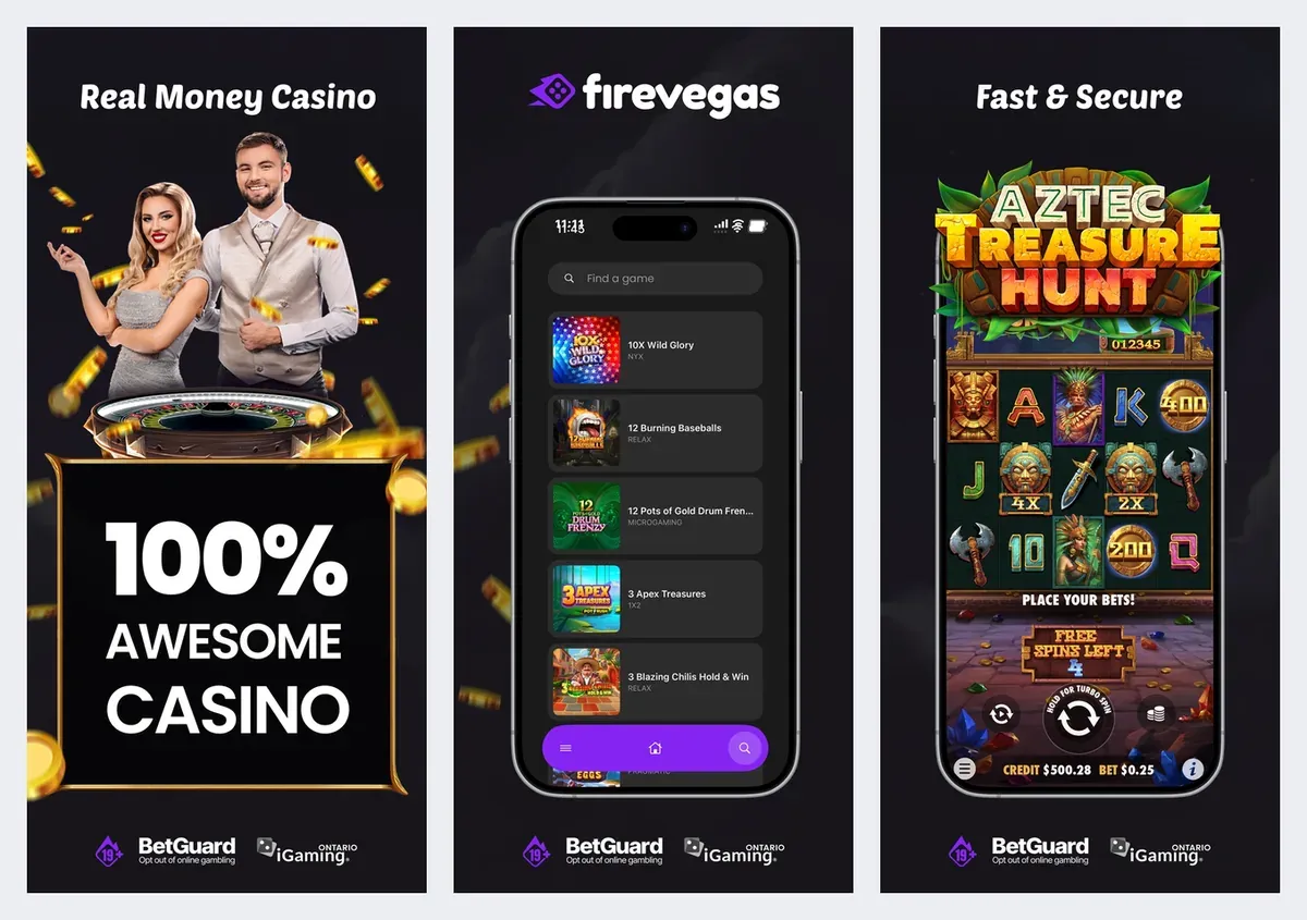 FireVegas app screenshots from its app store listing: casino and slots