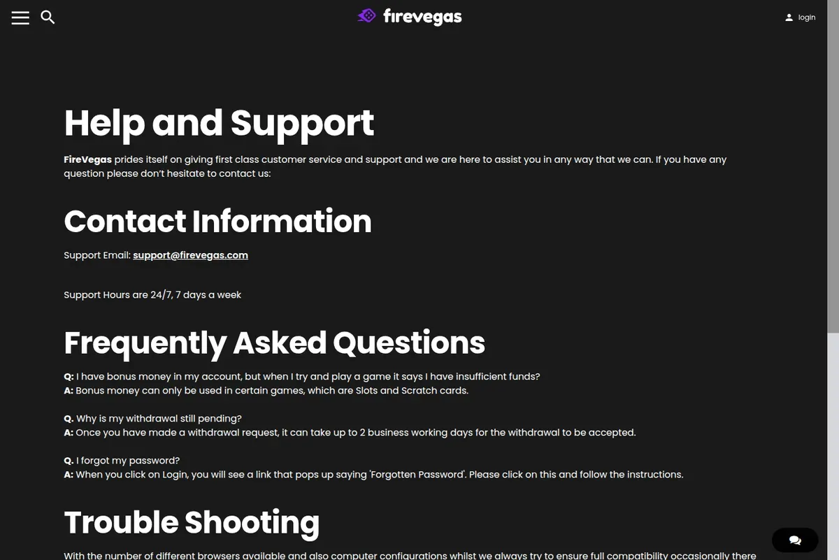 FireVegas help and support page with an FAQ on why a withdrawal is pending
