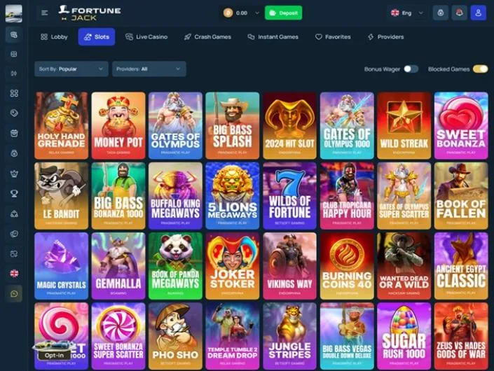 FortuneJack games lobby screenshot: FortuneJack slots lobby with sort and provider filters and games such as Holy Hand Grenade and Gates of Olympus 1000