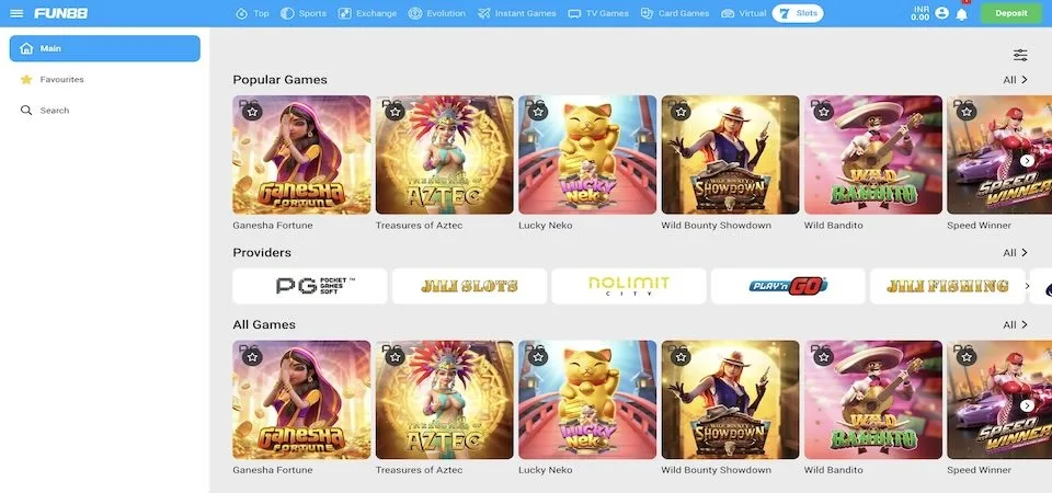 Fun88 India games lobby screenshot: Fun88 India slots lobby with an INR balance and Deposit button in the header Popular Games such as Ganesha Fortune and Treasures of Aztec and a providers row (PG Soft JILI Nolimit City Play'n GO)