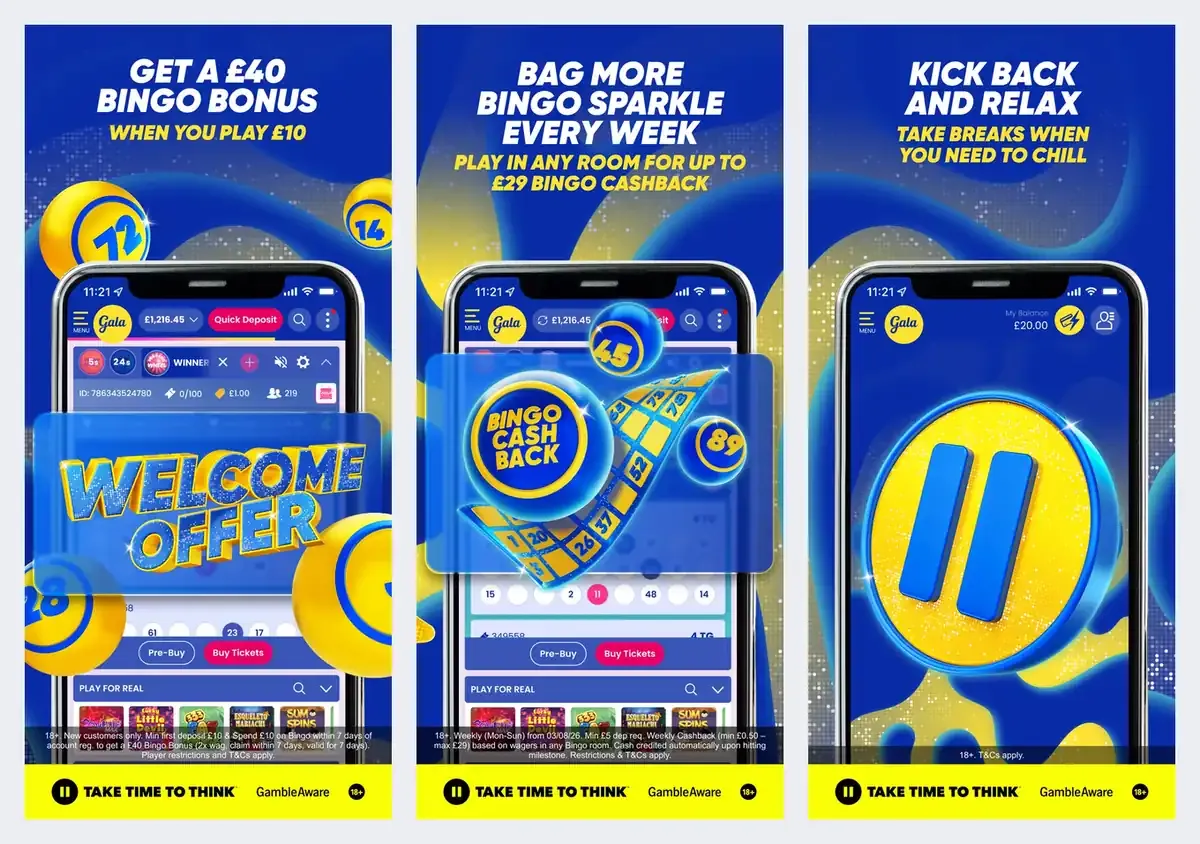 Gala Bingo app screenshots from its app store listing: bingo rooms and cashback
