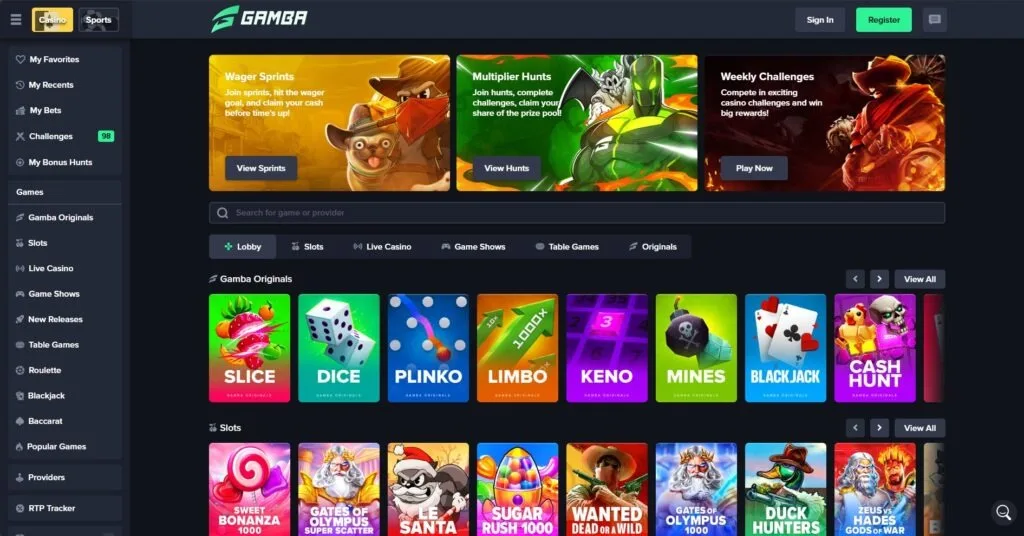 Gamba games lobby screenshot: Gamba casino lobby with Wager Sprints Multiplier Hunts and Weekly Challenges banners Gamba Originals such as Plinko Limbo and Mines, and a slots row