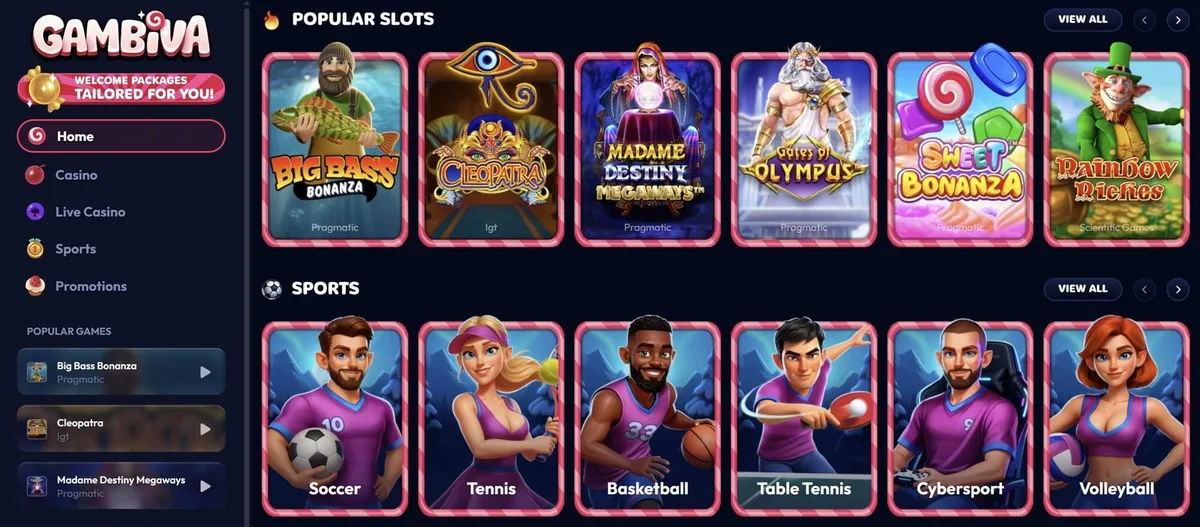 Gambiva games lobby screenshot: Gambiva home lobby with a Popular Slots row (Big Bass Bonanza Gates of Olympus Sweet Bonanza) and sports category tiles