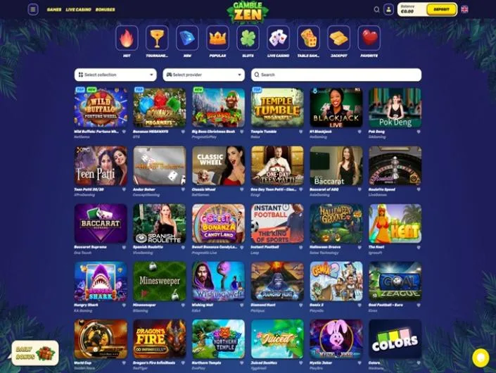 GambleZen games lobby screenshot: GambleZen casino lobby with category icons and a grid of slots and live tables