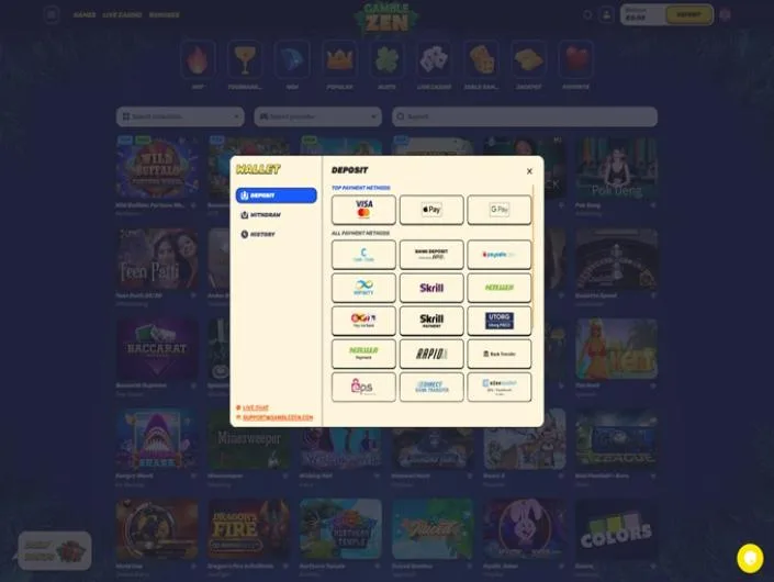 GambleZen cashier screenshot: GambleZen wallet deposit panel listing Visa and Mastercard Apple Pay Google Pay, paysafecard MiFinity Skrill Neteller Rapid, eps and other bank methods