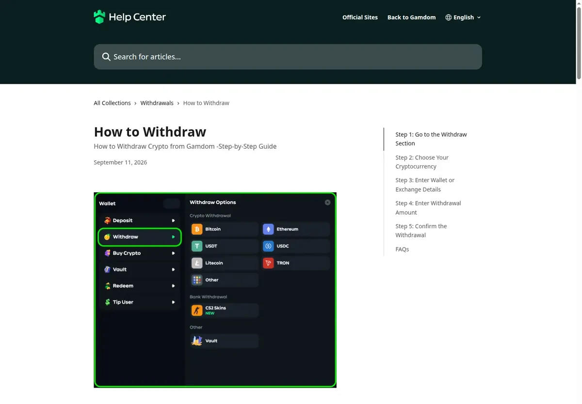 Gamdom help centre guide 'How to Withdraw' with the wallet's crypto withdrawal options