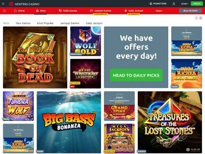 Genting Casino games lobby screenshot: Genting Casino slots lobby with Book of Dead Wolf Gold Big Bass Bonanza and jackpot tiles
