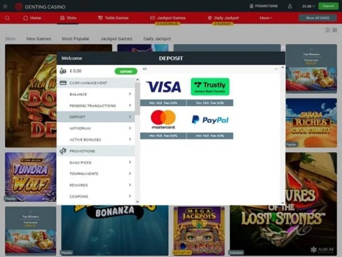 Genting Casino cashier screenshot: Trustly Mastercard and PayPal with a 10 GBP minimum and 0.0% fee