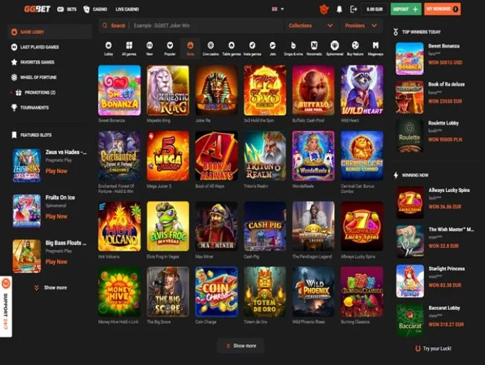 GGBet games lobby screenshot: GGBet game lobby with category icons, slot tiles such as Sweet Bonanza and a Top Winners Today column