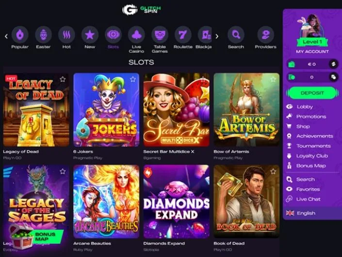 GlitchSpin games lobby screenshot