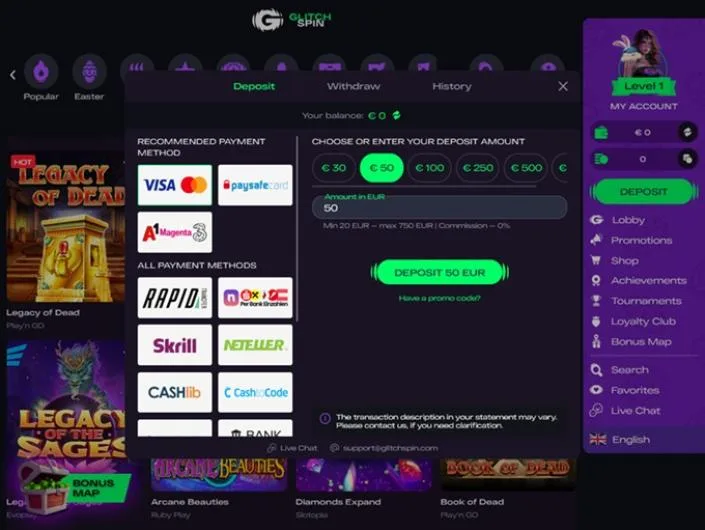 GlitchSpin cashier screenshot: A1 and Magenta mobile billing Rapid Skrill Neteller CASHlib and CashtoCode with a 20 to 750 EUR range and 0% commission