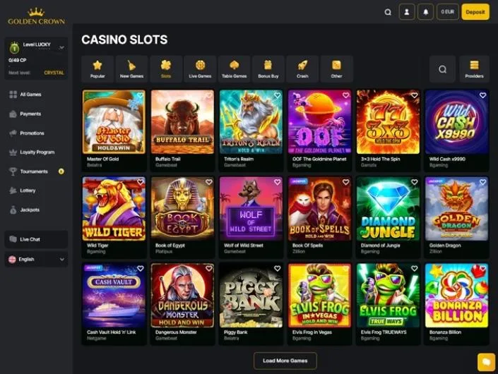 Golden Crown games lobby screenshot: Golden Crown 'Casino Slots' lobby with category icons and slot tiles such as Master of Gold and Buffalo Trail