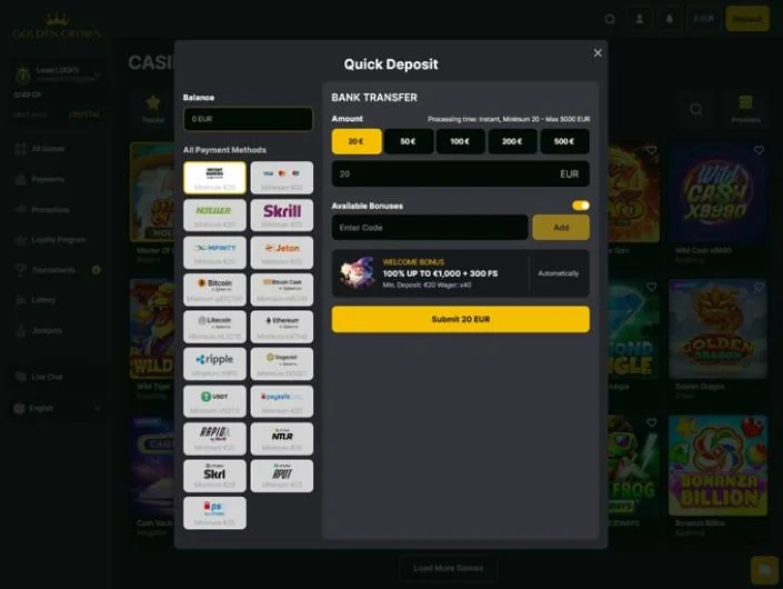 Golden Crown cashier screenshot: Golden Crown quick deposit window with Bank Transfer selected (processing time instant, minimum 20 EUR) and a list of cards, e-wallets and crypto methods