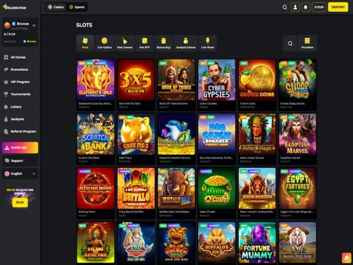 Golden Star games lobby screenshot: Golden Star slots lobby with category icons and tiles such as Elephant's Gold and 3x5