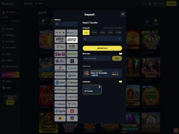 Golden Star cashier screenshot: Golden Star deposit window with Rapid Transfer selected and a list of cards Google Pay Skrill Neteller MiFinity Jeton and crypto methods