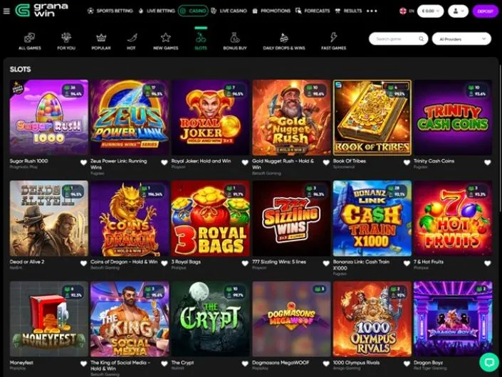 GranaWin games lobby screenshot: GranaWin slots lobby with tiles such as Sugar Rush 1000 Zeus Power Link and Royal Joker showing RTP badges